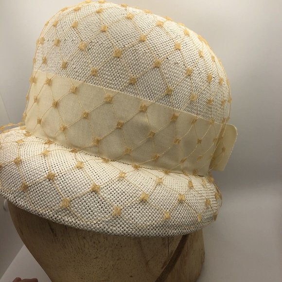 vintage Bucket Hat ivory straw with Yellow netting main image 11